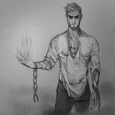 a drawing of a man holding a chain with flames coming out of his arms and hands