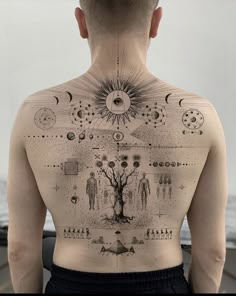 the back of a man's upper body with many different things on his chest