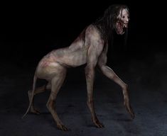 a creepy looking creature with long hair and blood on its face