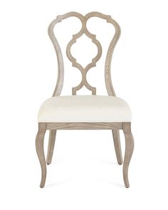 an upholstered wooden chair with a white fabric seat and backrest, viewed from the front