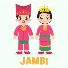 two children dressed in pink and green clothing with the word jambi written below them