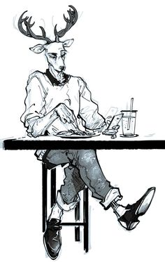 a drawing of a man sitting at a table with a deer head on his head