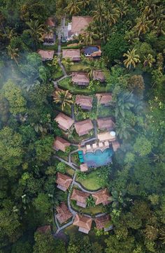 an aerial view of a tropical resort surrounded by lush green trees and houses with thatched roofs