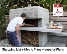 a man standing in front of a fire pit with pizza cooking on it and the words shopping list plusmetric plans + imperial plans