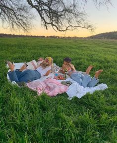 two people laying on a blanket in the grass