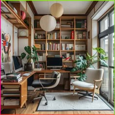 a home office with bookshelves and plants