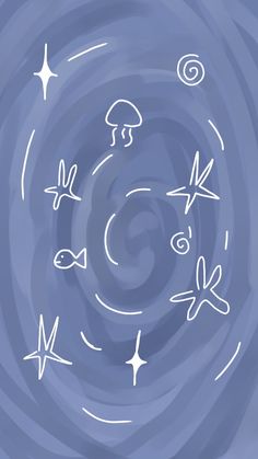 an abstract drawing of stars and planets on a blue background with swirls in the middle