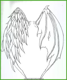 an angel and demon kissing each other with their wings spread out in the shape of a heart