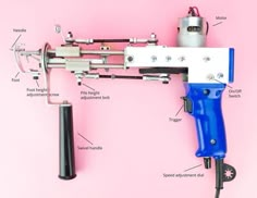 a blue and white machine is attached to a pink wall with parts labeled on it