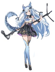 an anime character with long white hair and blue eyes, holding two large metal swords