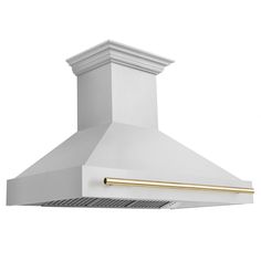 a white stove hood with gold trimmings on the top and bottom, against a white background