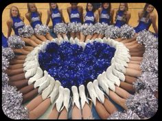 a group of cheerleaders standing in front of a heart made out of silver and blue pom - poms