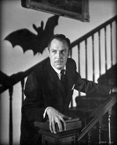 a man in a suit and tie sitting at the top of stairs with bats on the wall behind him