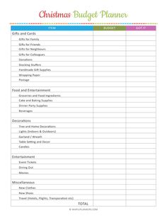 the christmas budget planner is shown in this printable version, which includes items that include gifts