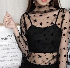 Star Black Mesh Long Sleeve Top, Free Shipping~ Lace Blouses, Women Lace Blouse, Mesh Long Sleeve Top, Mesh Blouse, Mesh T Shirt, Y2k Aesthetic Outfits, Bottoming Shirt, Style Noir, Mesh Long Sleeve