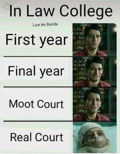 the faces of four men in law school, first year final year moot court real court