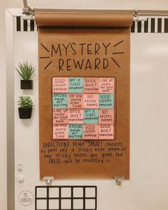 a bulletin board with words written on it and a potted plant next to it