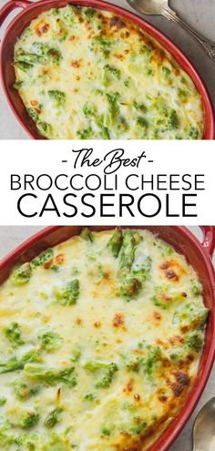 the best broccoli cheese bake in a red casserole dish