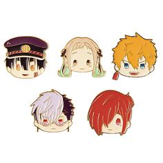 four anime pins with different hair styles and colors, all on one piece of paper