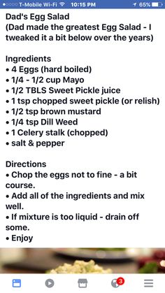 an iphone screen showing the recipe for egg salad