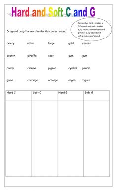 the worksheet for hard and soft and g, which includes words that are in different