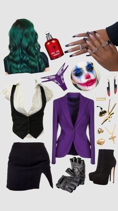 there is a woman's outfit and accessories in this photo, including shoes, lipstick, bracelets, nail polishes, makeup