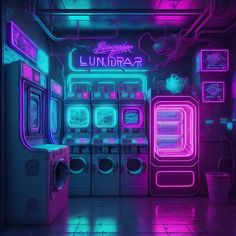 Laundromat Cyberpunk Laundromat, Futuristic Arcade, Laundromat Aesthetic, Cyberpunk Bar, Vaporwave Room, Cyberpunk Interior, Neon Futuristic, Cyberpunk Room, Underground Club