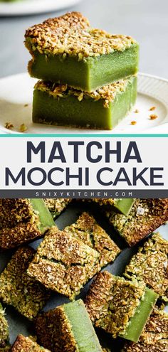 matcha mochi cake is stacked on top of each other with the text overlay