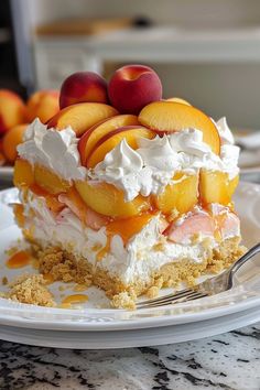 no bak peach split cake  Ingredients:  2 cups graham cracker crumbs 1/2 cup melted butter 8 oz cream cheese, softened 1/2 cup powdered sugar 1 cup heavy whipping cream 1 can (15 oz) sliced peaches, drained 1/2 cup chopped pecans (optional) Fresh peach slices and whipped cream for garnish (optional)  Instructions:   Combine graham cracker crumbs with melted butter and press into the bottom of a baking dish. In a bowl, beat cream cheese and powdered sugar until smooth, then fold in whipped cream. Spread the cream mixture over the crust, then layer with drained peach slices. Top with pecans if desired.   Prep Time: 15 mins | Chill Time: 4 hrs | Total Time: 4 hrs 15 mins | Kcal: 320 | Servings: 8 Sliced Peaches, Split Cake, Whipping Cream, Graham Cracker, Baking Dish