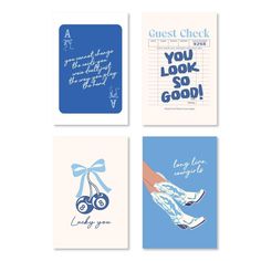 four greeting cards with handwritten words and pictures on the front, two are blue and one is white