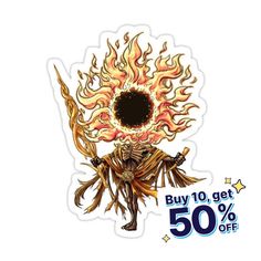 a sticker with the words buy 10 get 50 % off on it and an image of a fire dancer