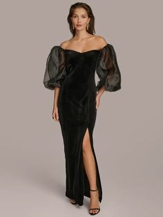 Black velvet sheer puff sleeve winter mother of the groom dress from Macy's Puff Sleeve Gown, Velvet Evening Gown, Wedding Slippers, Clean Origin, Sleeve Gown, Velvet Gown, Under Dress, Dress Zipper