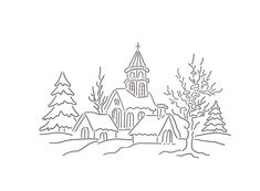 a black and white drawing of a church surrounded by trees with snow on the ground