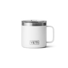 a white yeti mug with the word yeti on it and a silver lid