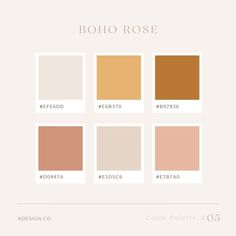 the color palette for boho rose is shown in shades of beige, peach and brown