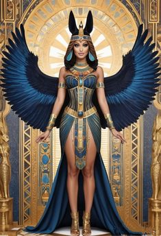 an egyptian woman in blue and gold is standing with her hands on her hipss