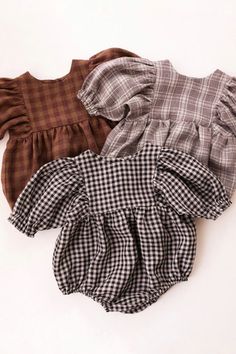 Beautiful trio of Puff Sleeve Bubble Playsuits in Dark Brown Check, Chocolate Check and Black & Cream Gingham linen Gingham Linen, Baby Trend, Kids Fabric, Cotton Fabrics