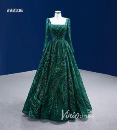 Emerald Green Long Sleeve Prom Dresses Square Neck Formal Dress 222106 – Viniodress Prom Dress With Long Sleeves, Long Sleeve Prom Dress, Sequins Prom Dress, Illusion Sleeves, Floor Length Prom Dresses, Sequin Prom Dress, Long Sleeve Prom, Elegant Prom Dresses, Lace Formal Dress