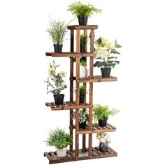 a wooden shelf filled with potted plants