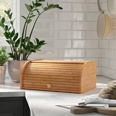 a wooden box sitting on top of a counter next to potted plants and scissors