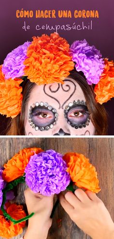 a woman with face paint and flowers in her hair is making a flower wreath for the day