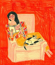 a drawing of a woman sitting in a chair reading a book next to a cat