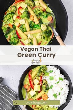 two pictures showing different types of vegetables and rice in a pan with the title vegan thai green curry