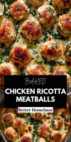 This recipe for Baked Chicken Ricotta Meatballs with Spinach offers a delicious and healthier alternative to traditional meatballs.  Combining ground chicken, ricotta cheese, and spinach, these meatballs are packed with protein and nutrients. Chicken And Cheese Meatballs, Meatballs And Spinach Recipes, Cheese Meatball Recipes, Things To Do With Ground Chicken, Chicken Meatballs With Spinach, Spinach Ricotta Meatballs, Recipes Made With Ricotta Cheese, Chicken Meat Ball Recipes Healthy, Recipes For Ricotta Cheese