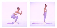 the woman is practicing her yoga moves in front of a white background and back to back