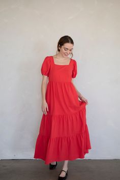 Linen blend, squared-neck maxi dress with puff sleeves and tiered skirt. Has a back zipper. - Sizing: Model is 5'8", wearing a size S - Content: 70% Viscose, 30% Linen Care: Handwash recommended Imported Red Puff Sleeve Dress, Dress With Puff Sleeves, Dress Home, Puffed Sleeves Dress, Cardigan Tops, Tiered Skirt, Me Time, Puff Sleeves, Square Neck