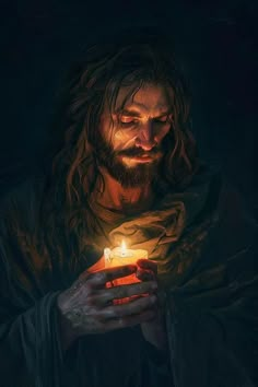 jesus holding a lit candle in his hands