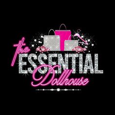 the essential dollhouse logo with pink and white sparkles on it, in front of a black background