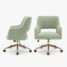 two green office chairs with wheels and casteors, one is upholstered to the other