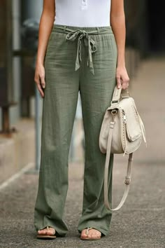 Linen Palazzo Pants, Rok Outfit, Linen Fashion, Green Pants, Palazzo Pants, Linen Pants, Fashion Pants, Work Outfit